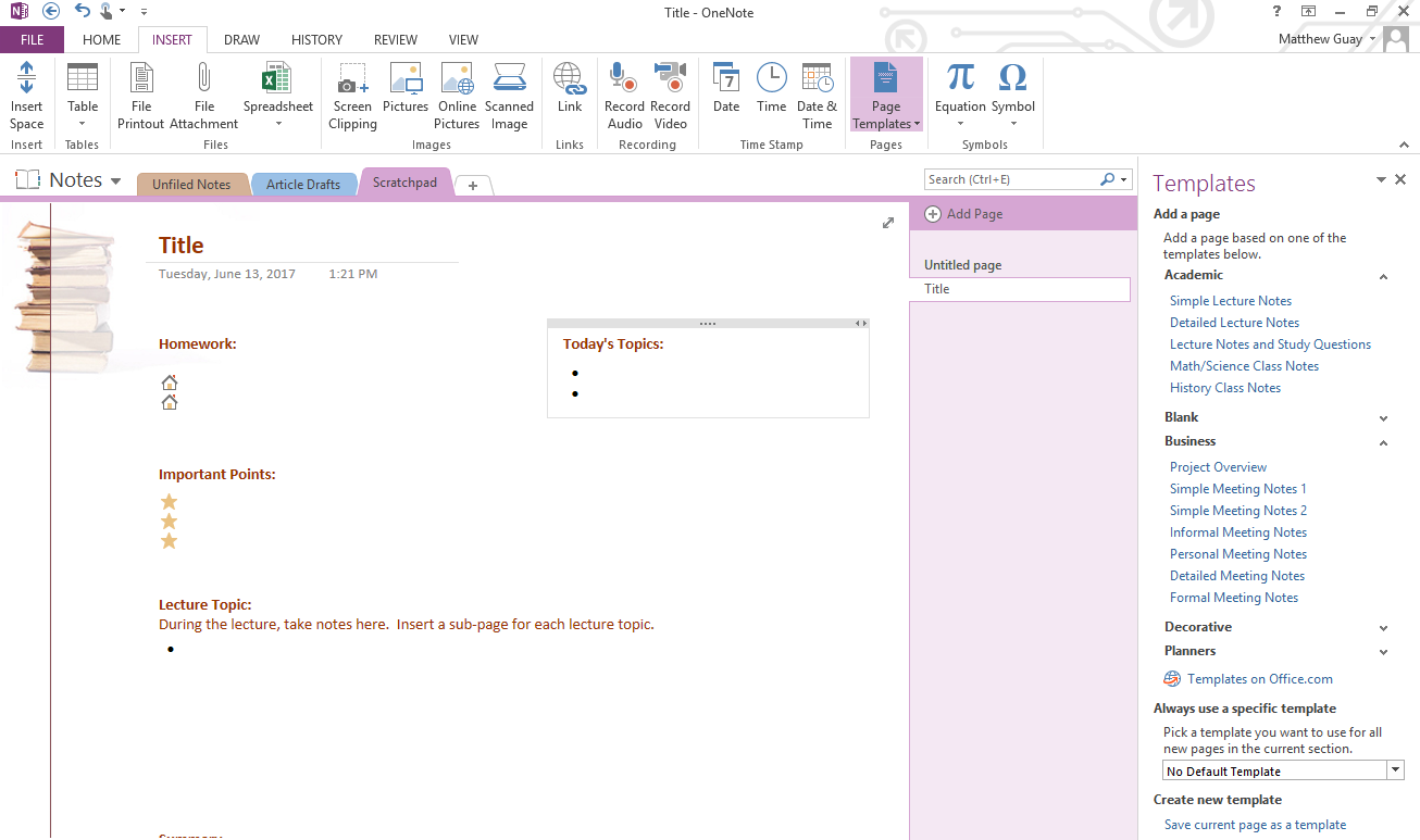 templates in onenote for mac